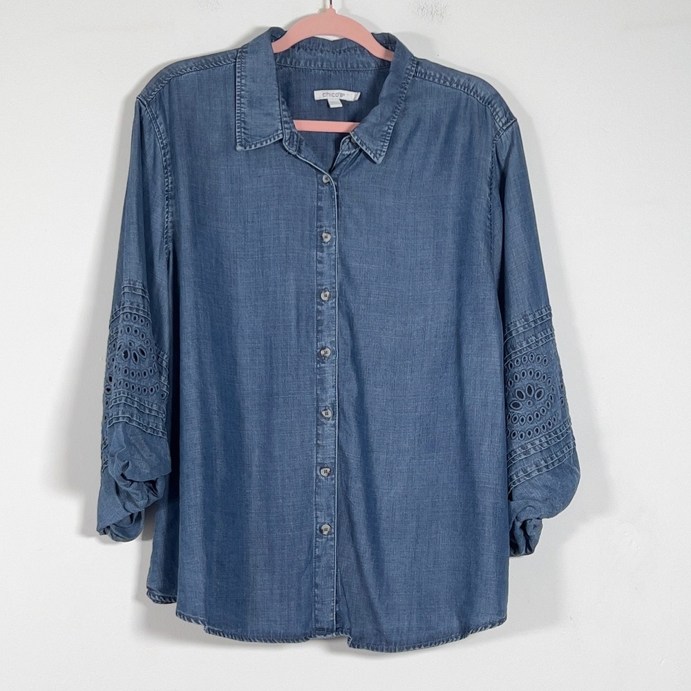 Chico's Denim Chambray Blouse Women Sz 3.5 XL Blue Eyelet Sleeve Lyocell